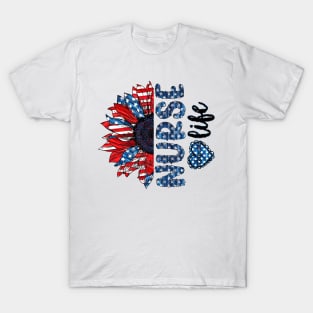 Nurse Life American Flag Sunflower Happy Independence Day T-Shirt